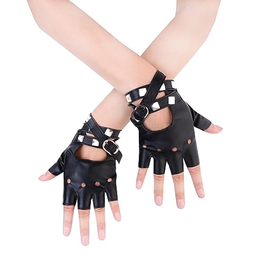 JISEN Women PU Leather Punk Gloves Rivets Belt Up or Snap Half Finger Performance Mittens - Black