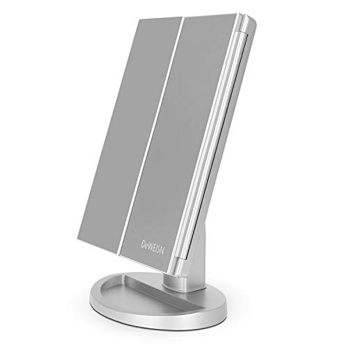 deweisn Tri-Fold Lighted Vanity Tabletop Mount Mirror with 21 LED Lights, Touch Screen and 3X/2X/1X Magnification, Two Power Supply Modes Make Up Mirror,Travel Mirror 10.83" H x 6.3" W - Silver