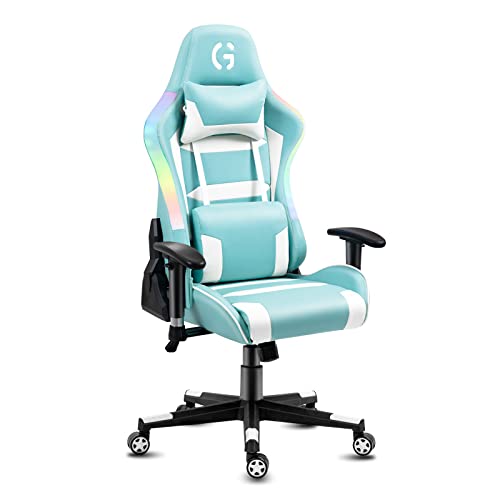 Gaming Chair with LED RGB Lights Ergonomic Office Computer Desk Chair Adjustable Height Swivel Recliner, Cyan White - Cyan White - RGB V2 Style