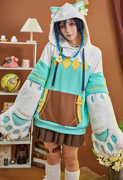 Genshin Impact Venti Derivative Pullover Hoodie with Detachable Bag Design Furry Cat Paw Gloves Fox Style Hooded Sweatshirt