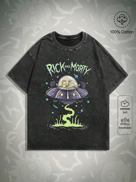 Rick and Morty | ROMWE Playera Gráfica Teñida Con Diseño De Caricatura Y Letras Para Hombre
