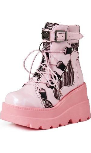 Tscoyuki Platform Ankle Boots for Women Chunky High Heel Booties Goth Round Toe Combat Boots Women Lace Up Motorcycle Wedges