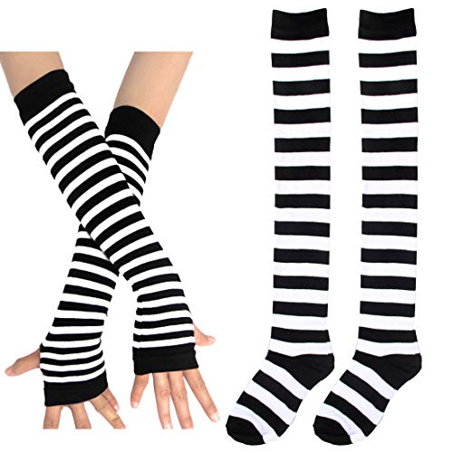 Womens Rainbow Stripe Knee Thigh High Socks Arm Warmer Fingerless Gloves - 1 pairs Socks&1 pairs Gloves-Black