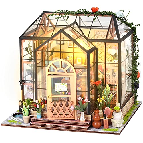 DIY Miniature House Kit with LED Light, Tiny House kit with Furniture, Green Plants Flower Shop, Decorative Mini Doll House Kit Tiny Dollhouse Kit for Kids Birthday (Square) - Square