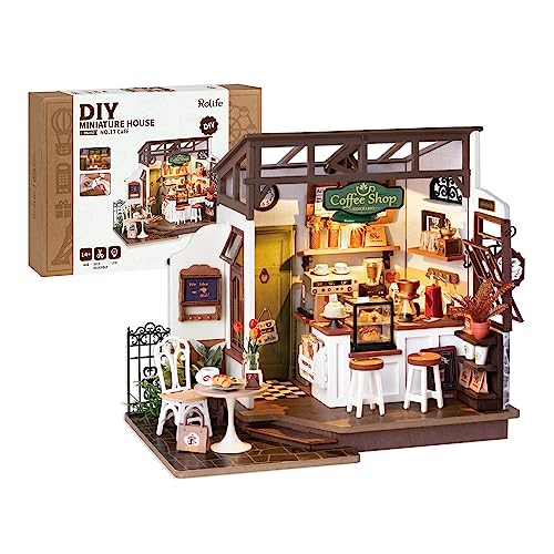 Rolife Coffee Shop Miniature Dollhouse Kit with LED Lights - DIY Crafts for Adults, Birthday Gifts and Hobbies