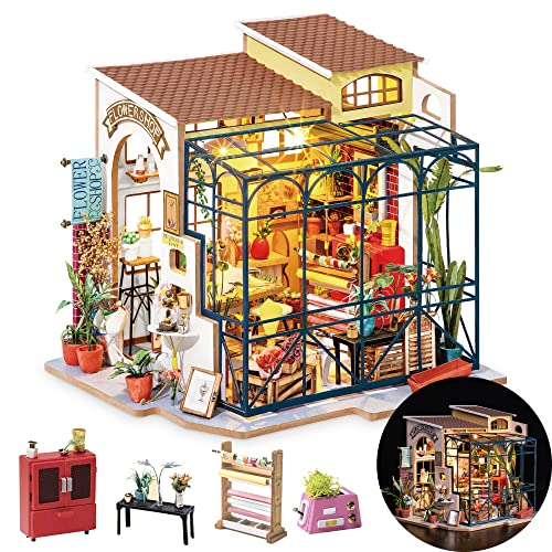 Rolife DIY Miniature House Kit Flower Shop, Tiny House Kit for Adults to Build, Mini House Making Kit with Furniture, Halloween/Christmas Decorations/Gifts for Family and Friends(Emily's Flower Shop) - DG - Emily's Flower Shop