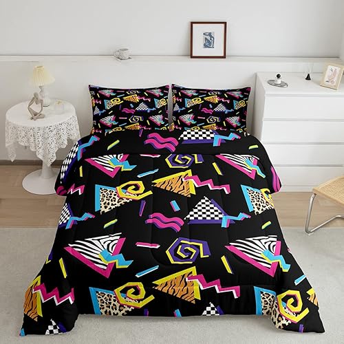 Memphis Pattern Comforter Set Full Size,Retro Decor 80s Bedding Set Funky 80s 90s Duvet Insert Memphis Style Decor 80s Backdrop 90s Quilted Duvet Retro 80s Bedding Vintage 1980 Party Decor - Multi 04 - Full