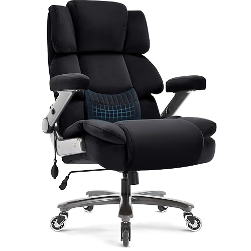 Big and Tall Office Chair 500lbs- Fabric High Back Executive Computer Chair with Adjustable Lumbar Support 3D Flip Arms Plus Size Rubber Wheels- Extra Wide Large Desk Chair, Heavy Duty Metal Base - Black