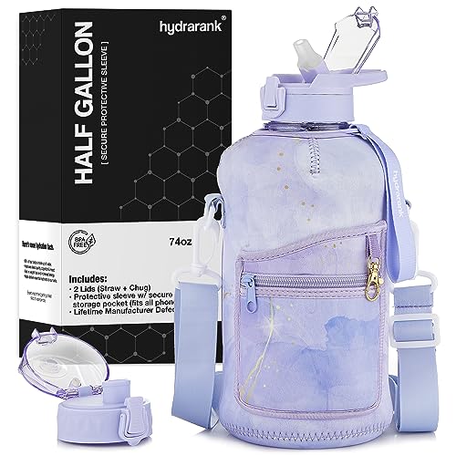 HYDRARANK Half Gallon Water Bottle with Sleeve - BPA Free Gym Water Bottle with Straw and Spout Lid - Leak Proof - Reusable Large Water Jug with Strap, Handle for Daily Hydration (74 ounce) - Periwinkle Marble