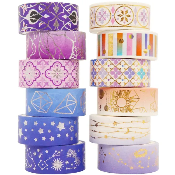 YUBBAEX Poetic Gold Washi Tape Set VSCO Floral Silver Foil Masking Tape Decorative for Arts, DIY Crafts, Journal Supplies, Planners, Scrapbook, Card/Gift Wrapping -15mm- (Purple Night 12 Rolls) - Purple Night 12 Rolls