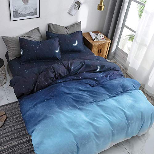 HYPREST Duvet Cover Queen Size, 3 Pcs Star Moon Galaxy Patterned Duvet Cover Set Kawaii Cute Bedding Sets Queen Soft Breathable - Blue Stars - Queen