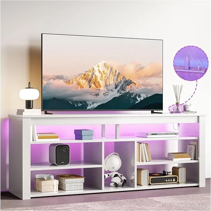 Simple Wisdom Mueble para TV,Muebles TV,Mesa para TVs, con Regleta de Enchufes y Regleta Luces,140 * 34 * 62CM,Tiene un Gran Espacio Almacenamiento Abierto,Adecuado para Sala Estar(Blanco) - Blanco