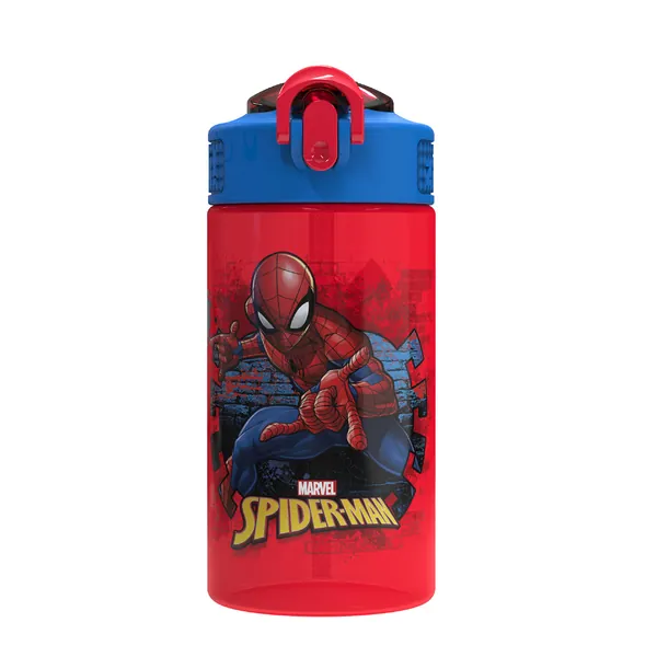Zak Designs Marvel SpiderMan Kids Spout Cover and Built-in Carrying Loop Made of Plastic, Leak-Proof Water Bottle Design (16 oz, BPA-Free) - Red