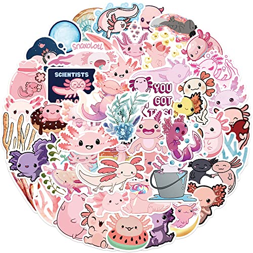 Cute Axolotl Stickers, Kawaii Pink Animals Stickers Pack, 50PCS Funimost Vinyl Waterproof Stickers for Water Bottle, Laptop, Scrapbook, Phone, Skateboard, Aesthetic Stickers for Kids Teens Girls (Axolotl) - Axolotl