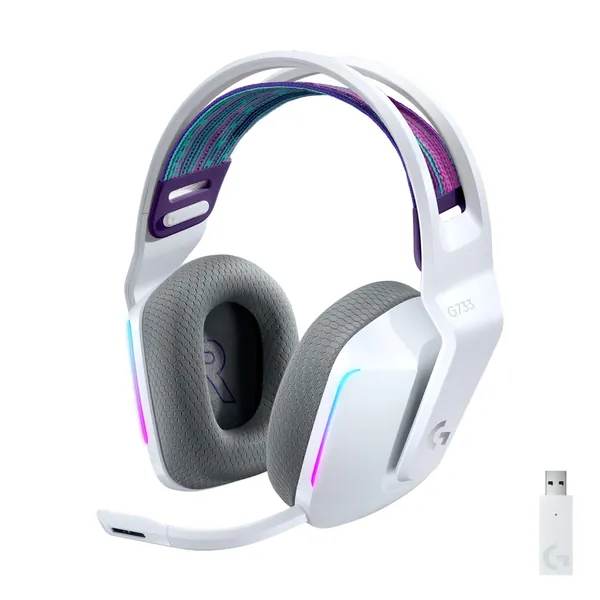 Logitech G733 LIGHTSPEED Wireless Gaming Headset with suspension headband, LIGHTSYNC RGB, Blue VO!CE mic technology and PRO-G audio drivers - White - White Gaming Headset