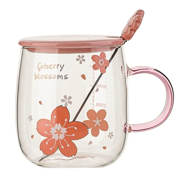 Novelty Pink Sakura Cup with Lid Spoon Glass Drinking Mug 500ml Coffee Cup with Scale Handle Heat Resisting Cute Cherry Blossom Borosilicate Cups for Milk Juice Tea Perfect Gifts for Girls Women