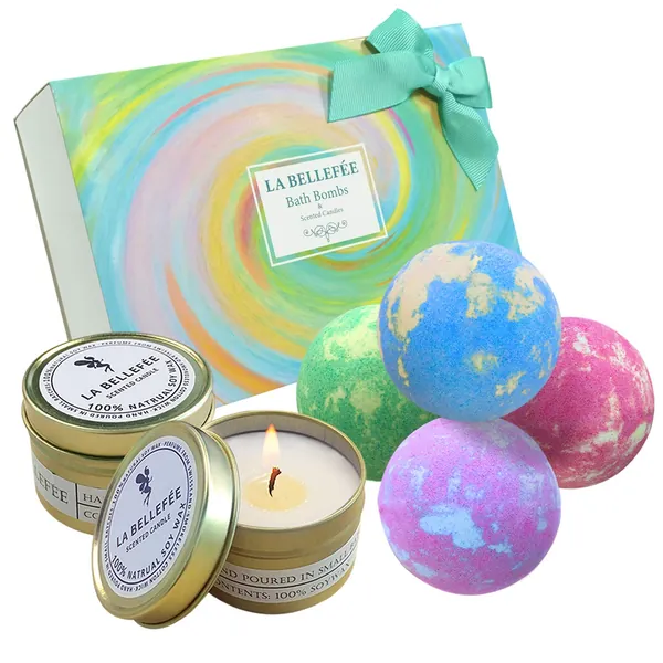 LA BELLEFÉE Bath Bombs and Scented Candles Gift Set Perfect for Bubble & Spa Bath Gift Idea for Women, Mother's Day, Birthday Gift, Friends, Girlfriend (4 x 100 g Bath Bombs and 2 x Scented Candles)