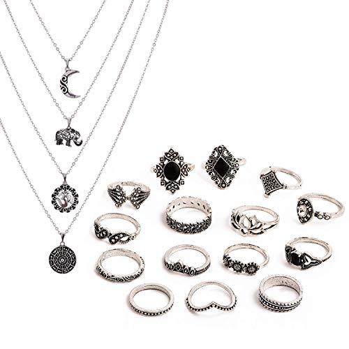 Topways® Boho Style Vintage Punk Necklace Rings Party Jewelry Sets, including Multi layer Long Necklace and Women Joint Knuckle Retro Ring Set Plated Silver 15PCS - 15 Pcs Black Set