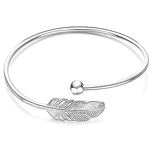 925 Silver Women Bracelet Adjustable Opening Leaf Feather Bangle