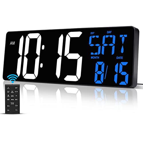 17 Inch Large Digital Wall Clock with Remote Control, Automatic Brightness Dimmer Digital Wall Clock Large Display with Day/Date/Temperature, Snooze, Count Up & Down Timer for Living Room, Office, Gym - White+blue - 17 Inch