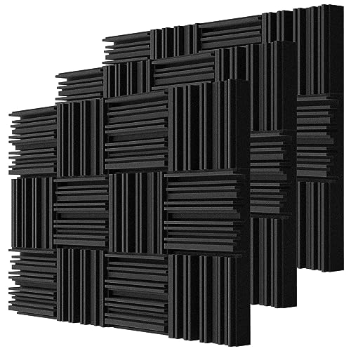 TroyStudio Thick Acoustic Foam Panels, 30 X 30 X 5 cm 36 Pcs Broadband Sound Absorbing Foam, Dense Soundproof Padding Tile, Recording Studio Foam Absorber, Groove Decorative 3D Wall Ceiling Panel - Black, 36 Pcs