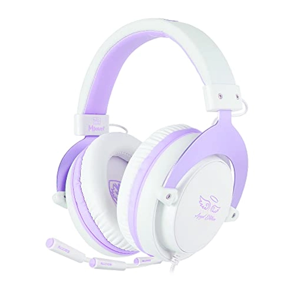 SADES MPOWER Stereo Gaming Headset for PS4, PC, Mobile, Noise Cancelling Over Ear Headphones with Retractable Flexible Mic & Soft Memory Earmuffs for Laptop Mac Games-Angel Edition Purple