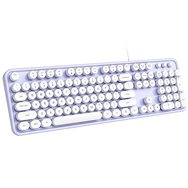 Dilter Wired Keyboard, 104 Keys Full-Sized Typewriter Keyboards, USB Plug and Play Office Keyboard with Number Pad, Caps Indicators, Foldable Stands for Windows, PC, Laptop, Desktop (Purple-White)