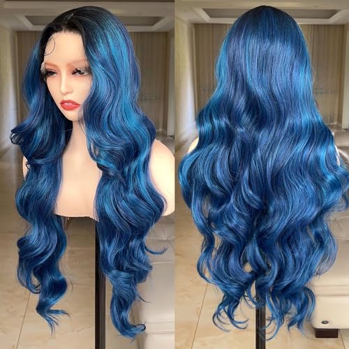 FABÉLLE Blue Wig Body Wave 30 Inch Lace Front Wig Glueless Swiss Lace Heat Resistant Synthetic Wigs for Women Peacock Blue Color with Baby Hair Pre Plucked - 30 Inch - Peacock Blue