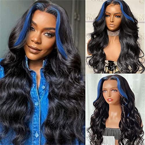 AimeileMiss Lace Front Wigs Black with Blue Streak Colorfull Long Wavy Glueless Synthetic Hair Heat Resistant Fiber Wig with Baby Hair For Black Women 24inches - Blue Streak Black Wave 24"