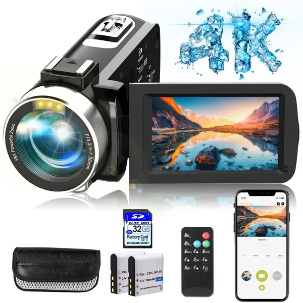 4K Video Camera, Camcorder with IR Night Vision, WiFi Digital Camera, 18X Digital Zoom, Vlogging Camera for YouTube, Kids Video Camera, Built in Microphone, Remote, 3" Touch Screen - 