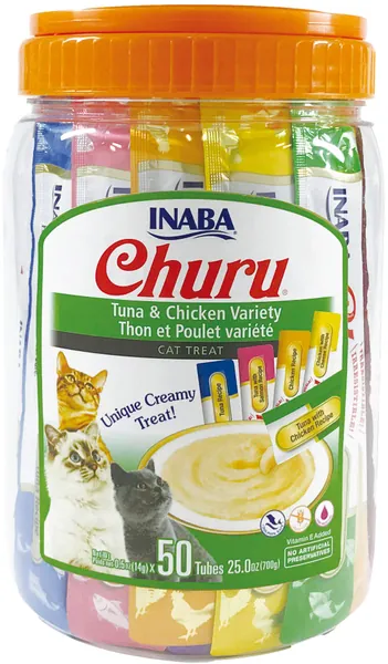 INABA Churu Cat Treats, Grain-Free, Lickable, Squeezable Creamy Purée Cat Treat with Taurine & Vitamin E, 0.5 Ounces Each Tube, 50 Tubes Total - Tuna and Chicken Variety Pack