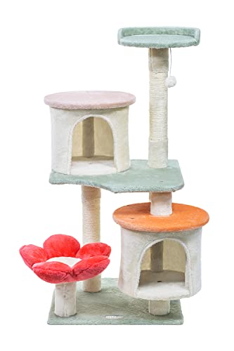 HYABi 42.7in Flower Cat Tree Tower Condo Furniture Apartment Plush Habitat Kitten Amusement Platform with Scratch Posts Toy Ball Pet House Play (Medium 42.7" H) - 42.7 IN
