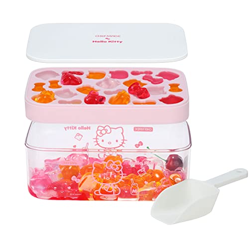 CHEFMADE Hello Kitty Ice Cube Tray with Lid container & scoop, Easy-Release Silicone & Flexible 24pcs cute kitty Ice Cubes for Chingling Cocktail and Milk Tea (Pink) - 01 - Ice Cube Tray Set