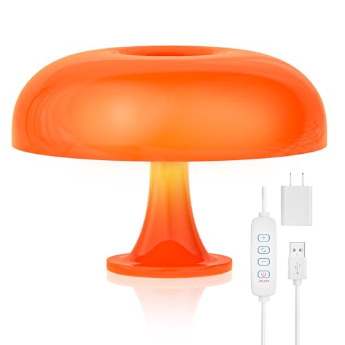 UEHICT Orange Mushroom Lamp, Dimmable Mushroom Table Lamp with 3 Lighting Modes, 70s Retro Mid Century Modern Lamp Mushroom Shaped Donut Lamp for Bedroom, Cool Home Decor Aesthetic Lamp (Orange) - Orange