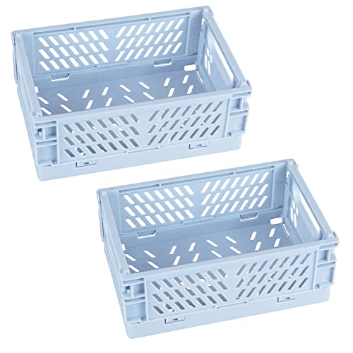 Tixill 2-Pack Mini Foldable Plastic Baskets for Organizing and Storage, Collapsible Storage Crate for Home Kitchen Bedroom Bathroom Office (9.8x6.5x3.8, Blue) - Blue - 9.8x6.5x3.8