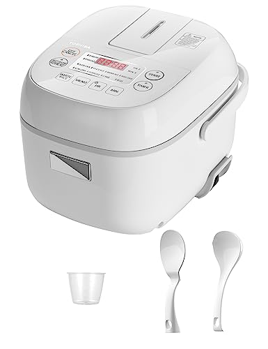 TOSHIBA Rice Cooker Small 3 Cup Uncooked – LCD Display with 8 Cooking Functions, Fuzzy Logic Technology, 24-Hr Delay Timer and Auto Keep Warm, Non-Stick Inner Pot, White - White