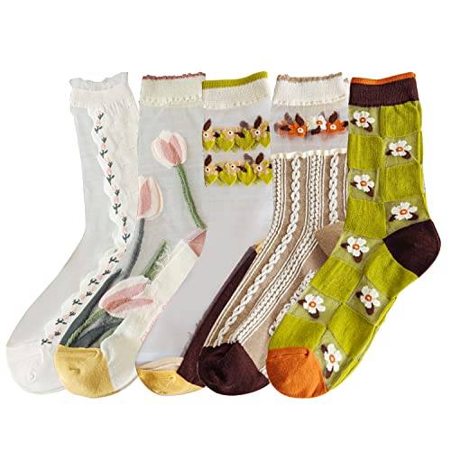 Yomutiur Womens Sheer Socks, Summer Transparent Thin Mesh Lace Elastic Jacquard Crystal Glass Socks - A 5 Pairs
