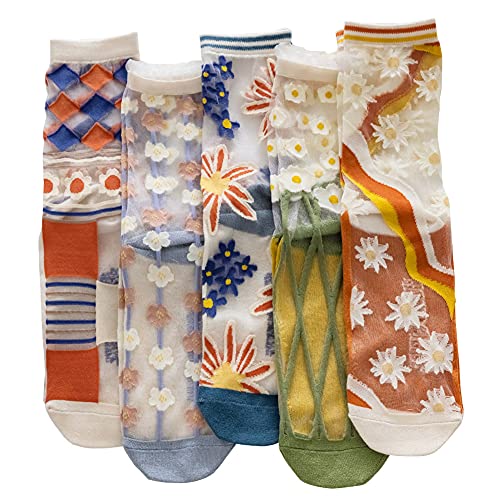 Yomutiur Womens Sheer Socks, Summer Transparent Thin Mesh Lace Elastic Jacquard Crystal Glass Socks - A 5 Pairs