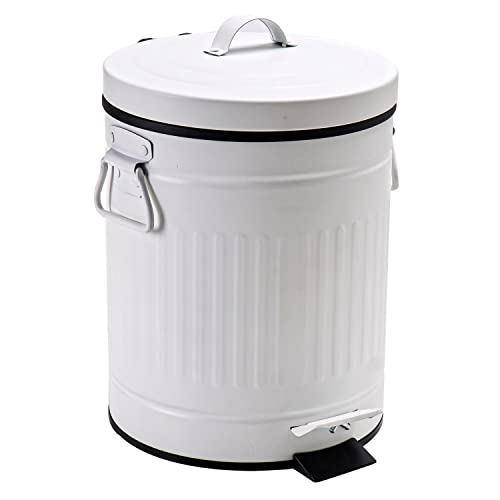 CEROELDA Small Trash Can with Lid Soft Close 5L/1.3 Gal-Steel Round Step Trash Can-Dog Poop Garbage Can for Outdoors-Retro Vintage Metal Wastebasket w/Pedal for Bathroom Bedroom Office-White - Matte White - 1.3 Gallon