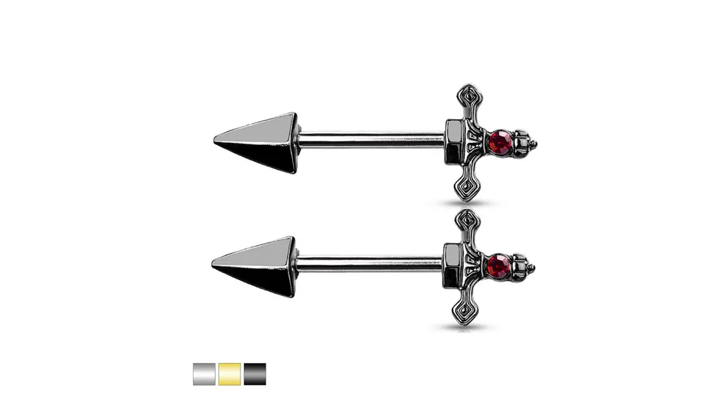 Pair Red Gem Set Dagger 316L Surgical Steel Nipple Barbell Rings Body Jewelry