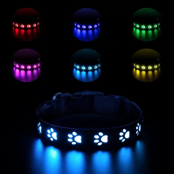 LED Flashing Light Up Paw Print Dog Collar USB Rechargeable - Ultra Bright, Waterproof & Safety Reflective, Paw Cut Out Dog Night Collar