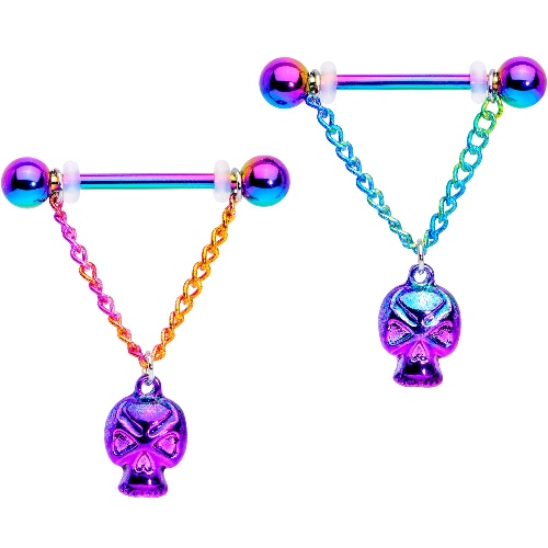 14 Gauge 3/4 Rainbow Plated Scary Skull Dangle Barbell Nipple Ring Set | Default Title
