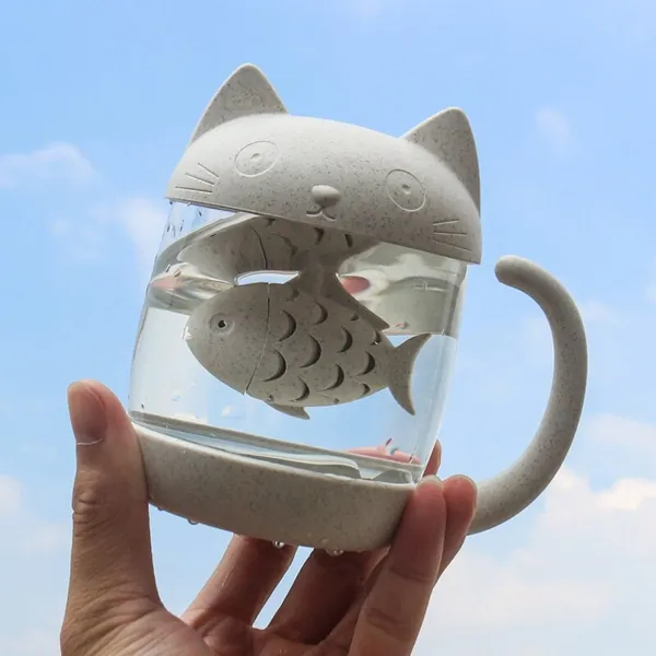 TANGPIN TEA- 10 oz Cute Cat Glass Cup Tea Mug With Fish Tea Infuser Strainer Filter
