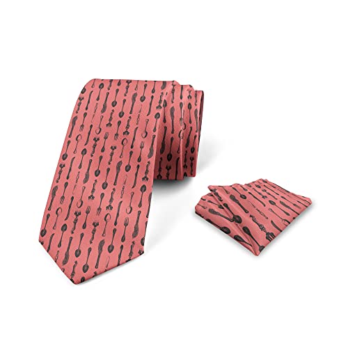 Lunarable Men's Tie Set, Necktie Set Groom Handkerchief for Parties Weddings & All Occasions - Standard - Coral and Dark Grey