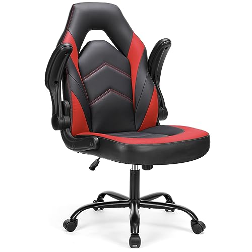 Sweetcrispy Computer Gaming Desk Chair - Ergonomic Office Executive Adjustable Swivel Task PU Leather Racing Chair with Flip-up Armrest for Adults, Kids, Men, Girls, Gamer, Black Red - Red