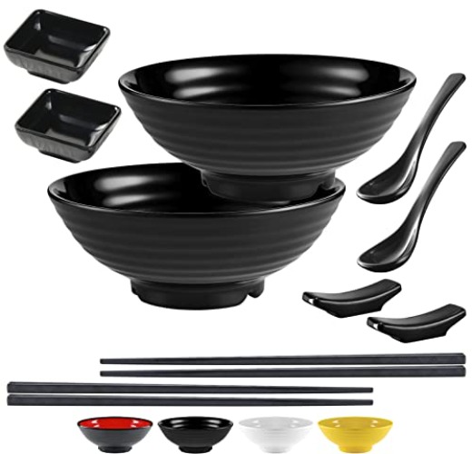 Unbreakable Ramen Bowl Set with Chopsticks and Spoon: 2 large Japanese Style Melamine Ramen Bowls, Dipping Bowls and Chopstick Stands for Asian Pho Soup Thai Miso Udon Wonton (2 Bowl Set, Black) - 2 Bowl Set - Black