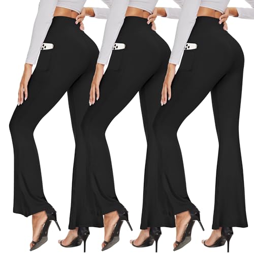 GAYHAY 3 Pack Leggings with Pockets for Women - High Waisted Tummy Control Workout Yoga Pants Compression Black Leggings - Flared 2 Pockets - Large-X-Large - 3#black/Black/Black