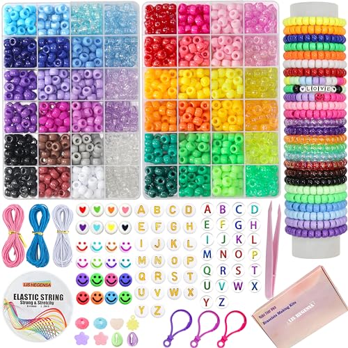 LIS HEGENSA DIY Crafts Gifts for Girls Beading Kits, 2000PCS 48 Color Pony Beads Bracelet Making Kits with Decorative Beads and Charms, Craft Supplies for Ages 3-12 Children, Adults - 48Color(2000PCS)