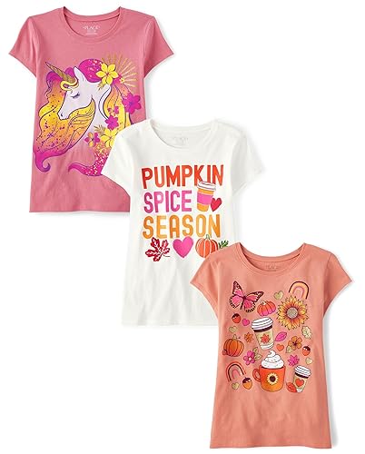The Children's Place Girls' All Holidays Short Sleeve Graphic T-Shirts,multipacks - Small - Doodle/Pumpkin Spice/Unicorn 3-pack