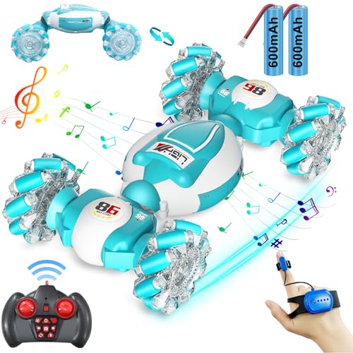 YTKIH Gesture Sensing RC Stunt Car, Best Birthday Gift Ideas for Boys 6-12, Toys for Boys Age 8/9/10/11/12, 4WD 2.4GHz Remote Control Twist Car with Light & Music, Off Road 360° Rotating